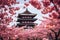 Shingon Buddhist temple and cherry blossom trees in a Japan-like landscape - AI Generated