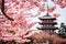 Shingon Buddhist temple and cherry blossom trees in a Japan-like landscape - AI Generated