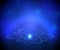 Shining atom model. Neon orbit with galaxy blue background