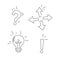 Shining bulb lamp, point arrows, question and exclamation marks, vector doodle icons isolated on white