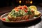 a shining ceramic dish of bruschetta topped with spinach and artichoke