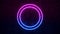 Shining circular Neon Sign. Purple and Blue Neon frame. dark brick wall. 3d illustration
