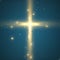 Shining cross on blue background with backlight and glowing yellow particles. Abstract vector religious background.