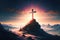 Shining cross on Calvary hill, Golgotha. blue sky sunset. Cross is a symbol of faith and love. Grave on the mountain, sunrise