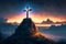 Shining cross on Calvary hill, Golgotha. blue sky sunset. Cross is a symbol of faith and love. Grave on the mountain, sunrise