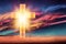 Shining cross on Calvary hill, sunrise, sunset sky background. Copy space. Ascension day concept. Christian Easter