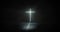 Shining cross illuminates a dark room. Religious crucifix in a dark corridor.