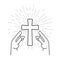 Shining Crucifix and prayer hands, Christian pray for grace, Jesus Christ holy cross worship