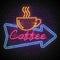 Shining and glowing neon coffee sign in arrow frame.