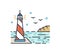 Shining lighthouse outline vector illustration. Colorful picturesque seascape with navigational aid tower. Line art