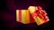 shining opened golden and red gift on dark background - object 3D rendering