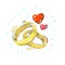 Shining pair of intertwined ladies and mens wedding rings with two hearts