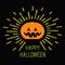 Shining pumpkin. Yellow dash line. Halloween card for kids. Black background Flat design.