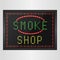 Shining retro light banner of smoke a shop on a black background