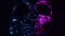 Shining skull head rotates from left to right on dark background with neon pink and blue light. Halloween celebration