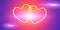 Shining yellow neon hearts on pink and violet background, vector symbols of love on Valentines day banner