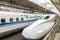 Shinkansen bullet train in Kyoto rail station, Japan.