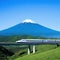 Shinkansen or Bullet train run pass through Mountain Fuji and Shibazakura at Shinkansen in Generetive