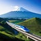 Shinkansen or Bullet train run pass through Mountain Fuji and Shibazakura at Shinkansen in Generetive