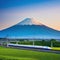 Shinkansen or Bullet train run pass through Mountain Fuji and Shibazakura at Shinkansen in Generetive