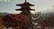 Shinto temple, building and trees in nature for religion, faith and landscape with mountains by sky background