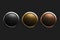Shiny 3D metallic push buttons in silver, gold and bronze colors, on a dark gray background