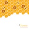 Shiny amber honey comb and bees background design. Vector natura