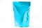 Shiny blue doypack stand up pouch with zipper on white background