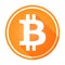 Shiny, circular orange bitcoin logo/icon. White on orange.