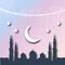 Shiny decorative moon on dream colors bokeh background for Muslim community events. Ramadan kareem greetings. Festive vector illu