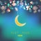 Shiny decorative moon on purple bokeh background for Muslim community events. Eid Mubarak; Ramadan kareem greetings. Festive vecto