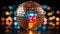 Shiny disco ball illuminates vibrant nightclub, glowing with celebration generated by AI