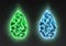 Shiny gemstones, blue and green crystals, dragon eggs isolated on black background.