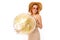 Shiny glamorous lovely girl with a beautiful smile in sunglasses and a straw hat holds a shiny ball on a white
