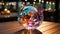 Shiny glass sphere illuminated, reflecting vibrant colors on table generated by AI