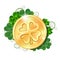 Shiny glowing gold money coin and bright green clover leaves. Saint Patricks Day coin.