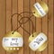 Shiny gold gift round tags for gifts on wooden floor eps10