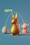 Shiny golden bunny eggs blue neon light 3d rendering Contemporary creative minimalist style pop-art greeting card.