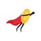 Shiny golden coin with legs and arms in flying action. Cartoon bitcoin character with red superhero cape. Cryptocurrency