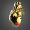 Shiny golden cyborg techno heart with shiny golden details and colored glass indicators,