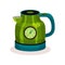 Shiny green electric kettle with thermometer. Modern home appliance. Flat vector lement for advertising flyer of