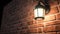 Shiny lantern hangs on brick wall, illuminating elegant pattern generated by AI