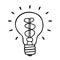 Shiny light bulb icon on a white background. Isolated object. Baby doodle style. Hand made black sketch.