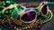 Shiny, multi colored sunglasses reflect vibrant Mardi Gras celebration generated by AI