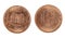 Shiny one Euro cent coin, front and back, isolated