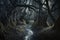 Shiny Pathway in Fairy Tale Styled Scary Forest of Nightmares, Generative AI