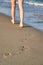 Shiny, perfect foots imprint in sand and woman foots on the beach in summer