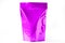 Shiny pink standing food bag stand up pouch with zipper on white background, plain