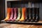shiny polished boots in a row on shoe rack