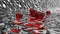 Shiny red glass drops on glossy silver grey reflecting low poly river and rocks